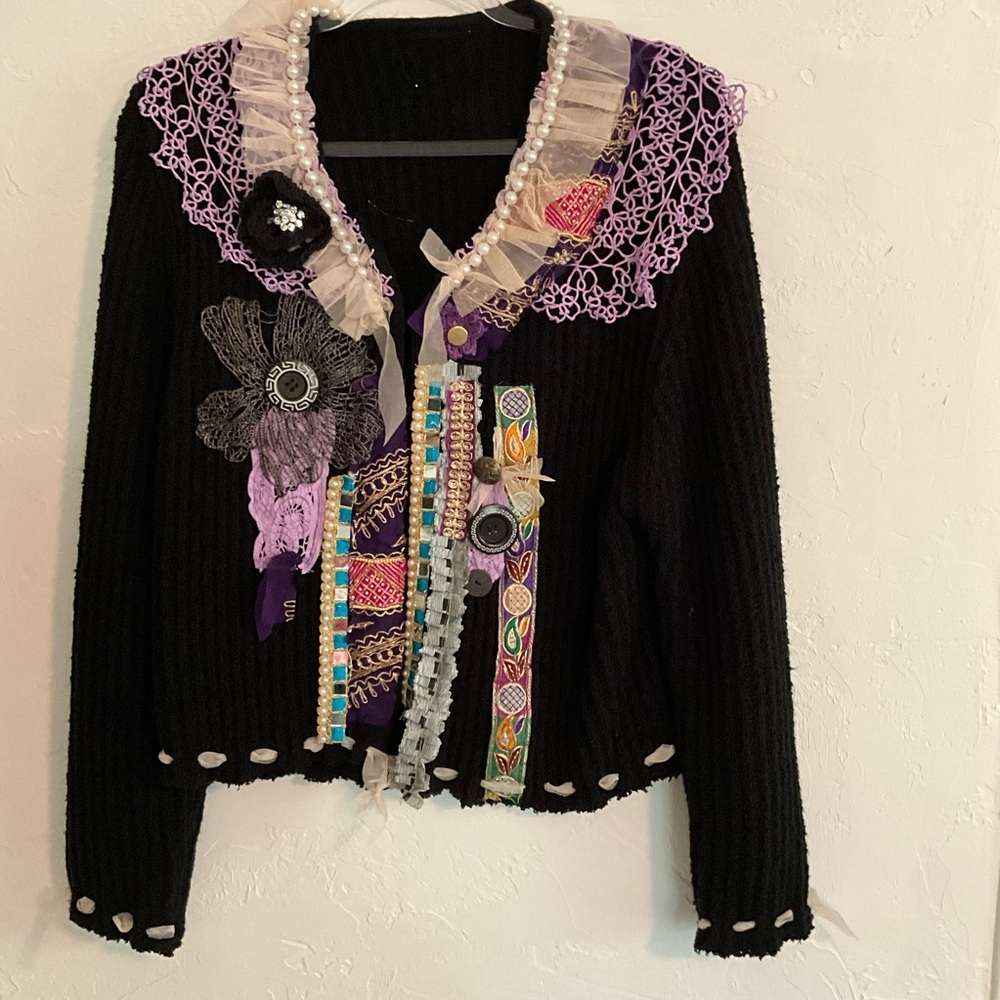 Mixed Media Upcycled Cardigan Sweater Purple Lace Pearl Embellished Black Large
